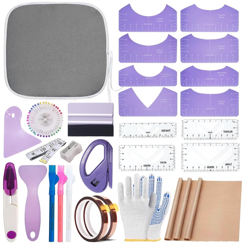 DNSGOOR Sublimation Shirts Tool Kits for Vinyl Alignment,Portable Pad for Ironing,T-Shirt Rulers Guide and Teflon Sheet for Cricut Heat Press HTV Vinyl Center Designs,Craft Sewing Accessories - Image 1